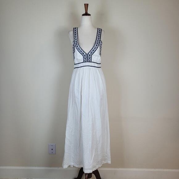 J.Crew Dress Small White Embroidered Cross Back Maxi Sundress Boho Apron Summer - Picture 2 of 12